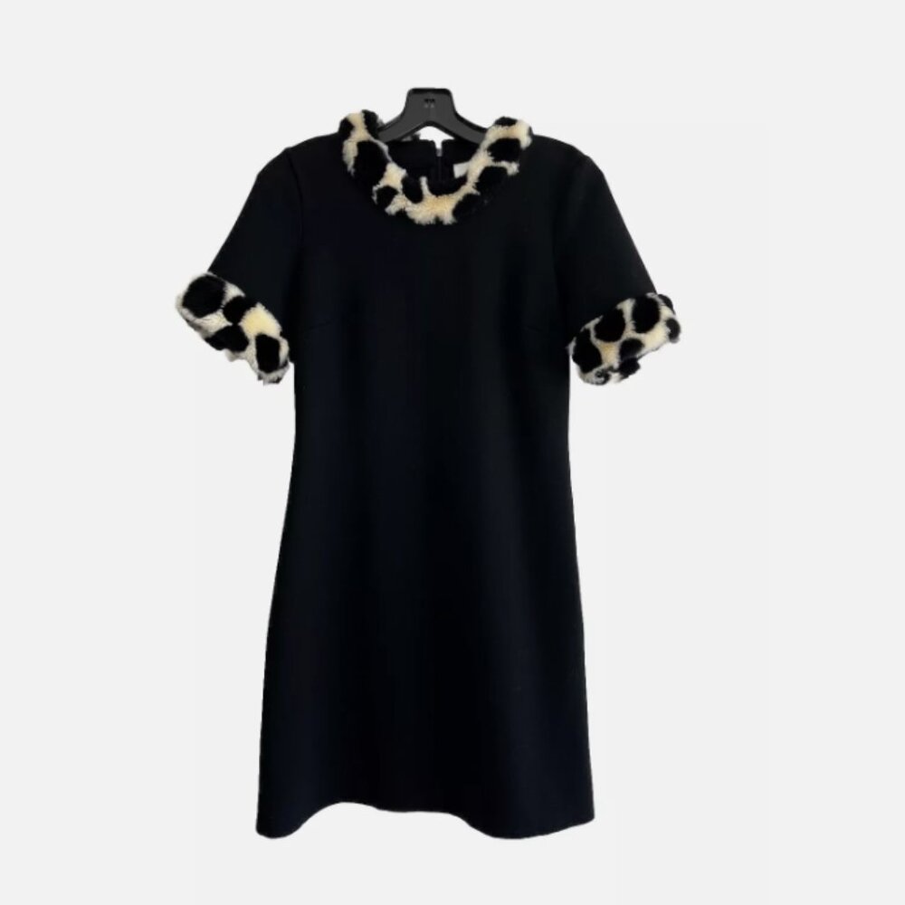 Julie Brown NYC Black Ponte Knit Dress with Faux Animal Print Fur Trim - Small